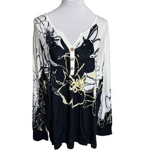 BeadChica Womens Tunic Top Plus Size 3XL Long Sleeve Floral Shirt Black White V